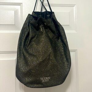 Victoria’s Secret Drawstring Backpack/Beach Bag. Black with Gold Sparkles.